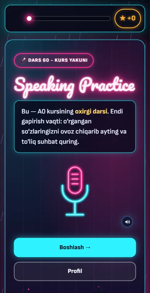 60-dars ekrani: neon sahna va mikrofon